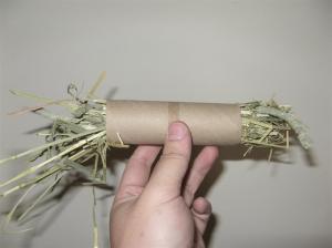 I prefer to cut a narrow strip of toilet roll and stuff the hay in
